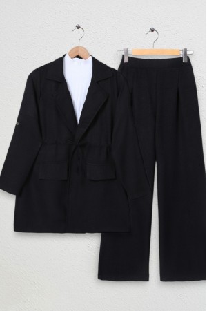 Kapaklı Tünel Köprülü Ceketli Keten Takım -Siyah