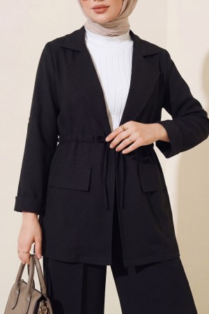 Kapaklı Tünel Köprülü Ceketli Keten Takım -Siyah