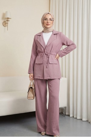 Kapaklı Tünel Köprülü Ceketli Keten Takım  -Pudra