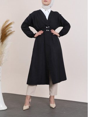 Kolu ve Beli Lastikli Çıtçıtlı Keten Kap -Siyah