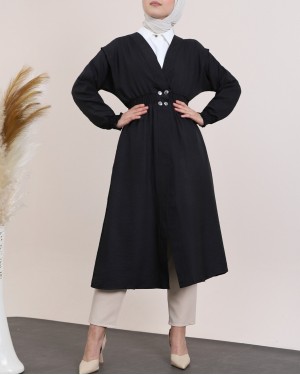 Kolu ve Beli Lastikli Çıtçıtlı Keten Kap -Siyah