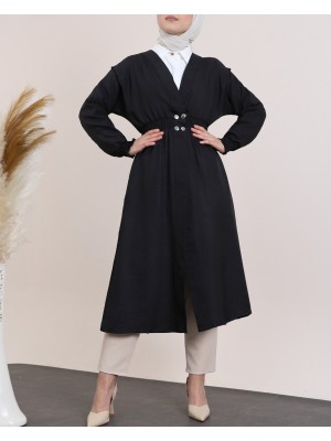 Kolu ve Beli Lastikli Çıtçıtlı Keten Kap -Siyah