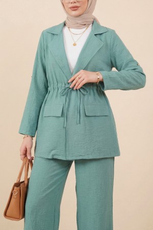 Kapaklı Tünel Köprülü Ceketli Keten Takım   -Mint