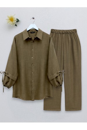 Double Suit with Elastic Sleeves and Lacing Detail -Brown