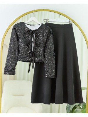 Pul Payet Ceket Kloş Etek Takım -Siyah