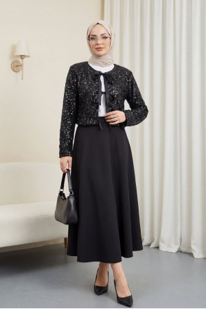 Pul Payet Ceket Kloş Etek Takım -Siyah