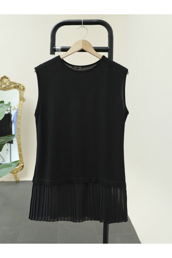 Pleated Combed Cotton Underwear with Tulle Detail on the Skirt -Black
