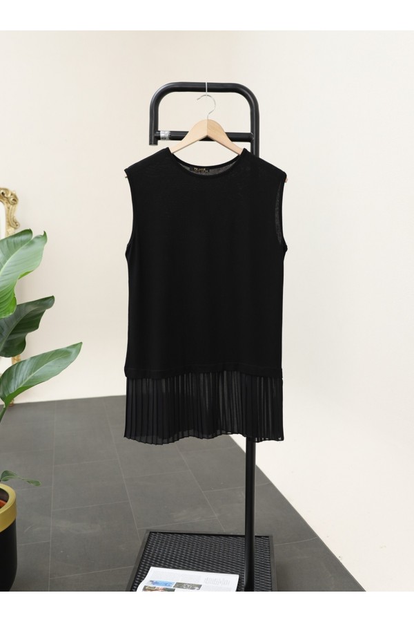 Pleated Combed Cotton Underwear with Tulle Detail on the Skirt -Black