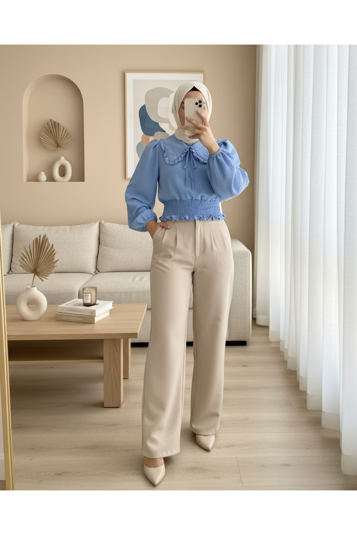 Beli Lastikli Bebe Yaka Uzun Kol Bluz -Mavi