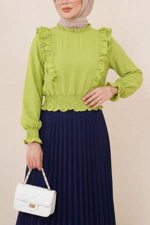 Robadan Fırfırlı Beli Büzgülü Ayrobin Bluz -F.Yeşili
