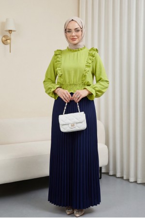 Robadan Fırfırlı Beli Büzgülü Ayrobin Bluz -F.Yeşili