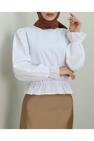 Manşeti Fırfırlı Beli Büzgülü Poplin Bluz -Beyaz