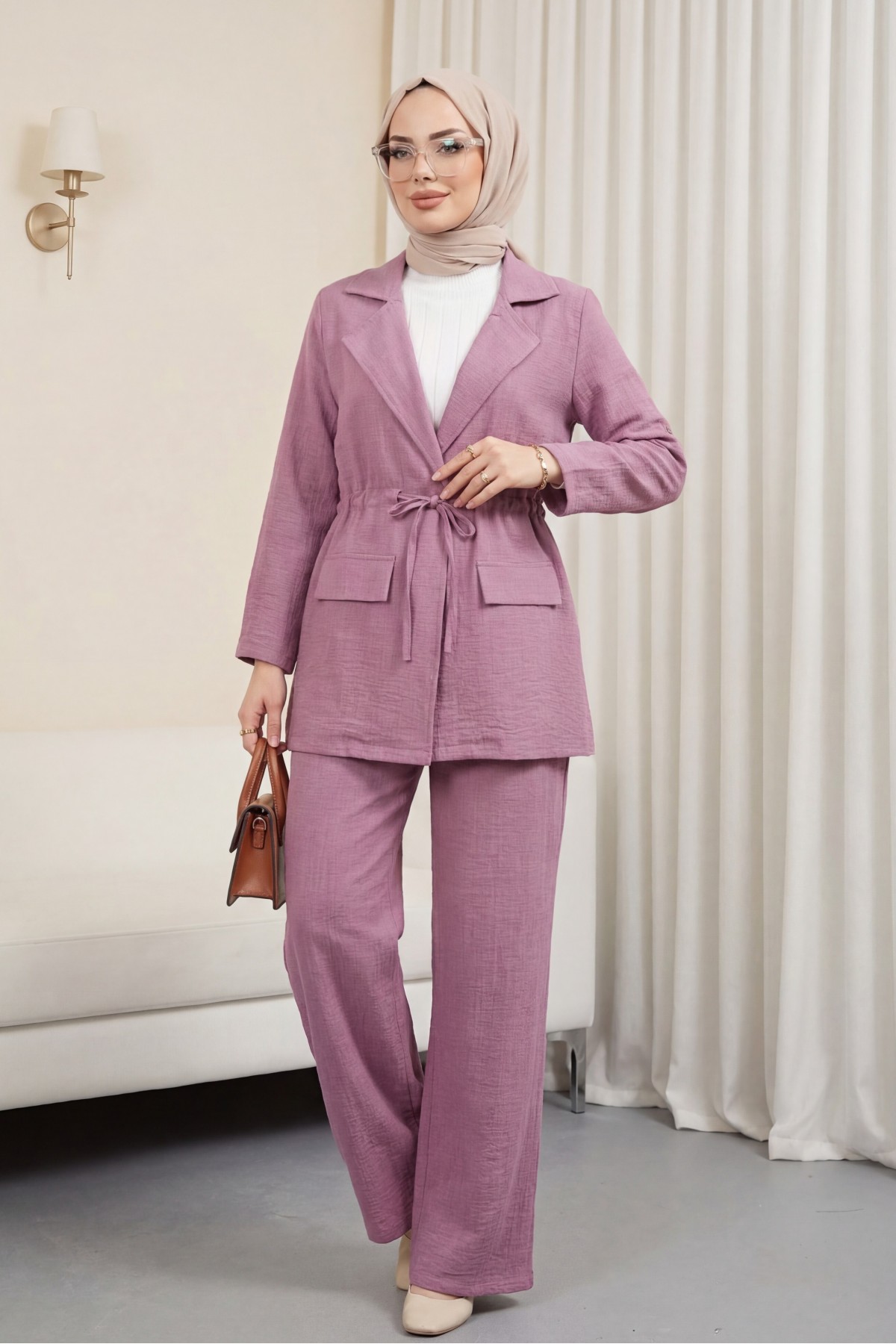 Covered Tunnel Bridge Jacket Linen Set   -Cherry Color