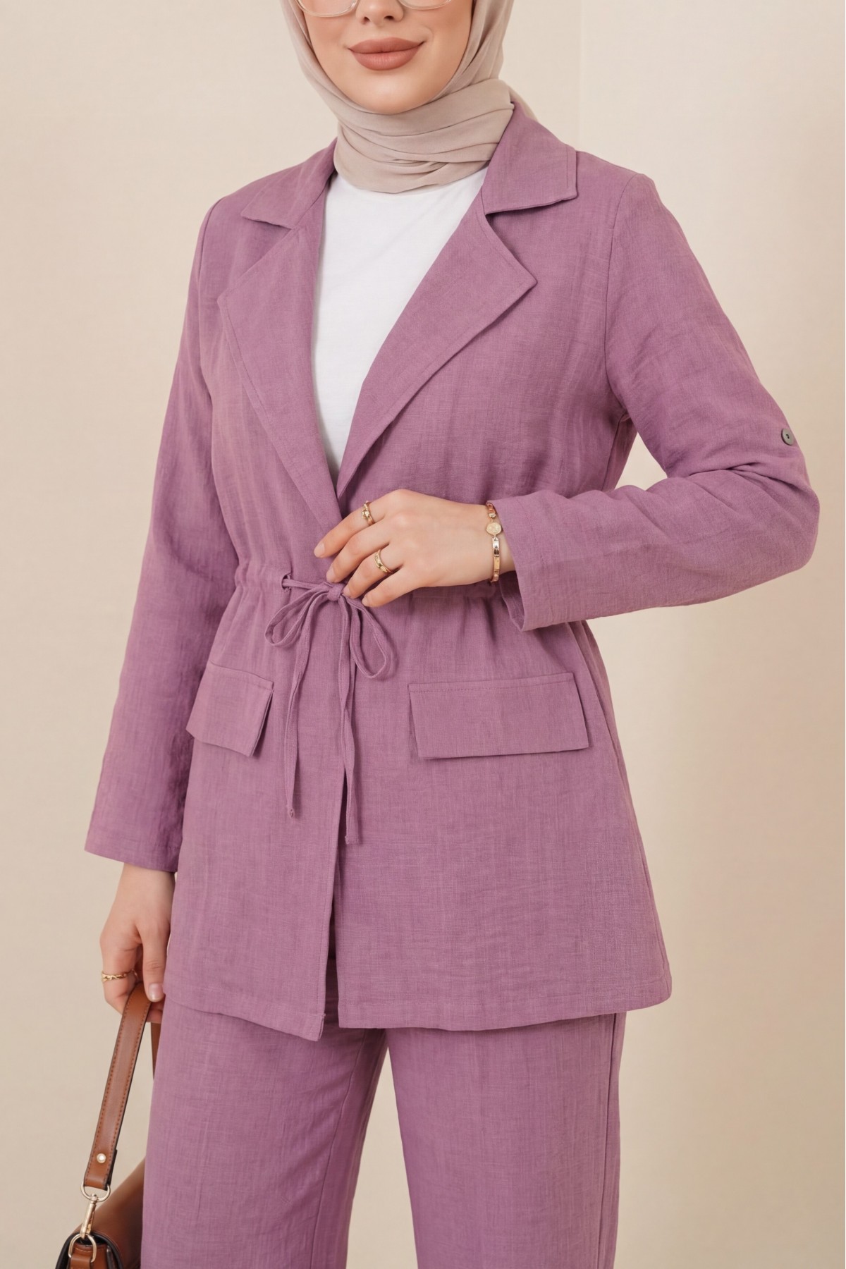 Covered Tunnel Bridge Jacket Linen Set   -Cherry Color