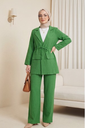 Kapaklı Tünel Köprülü Ceketli Keten Takım   -Yeşil