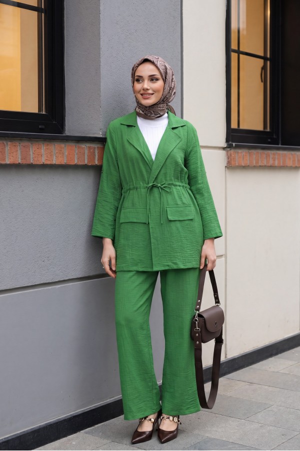 Covered Tunnel Bridge Jacket Linen Set   -Green