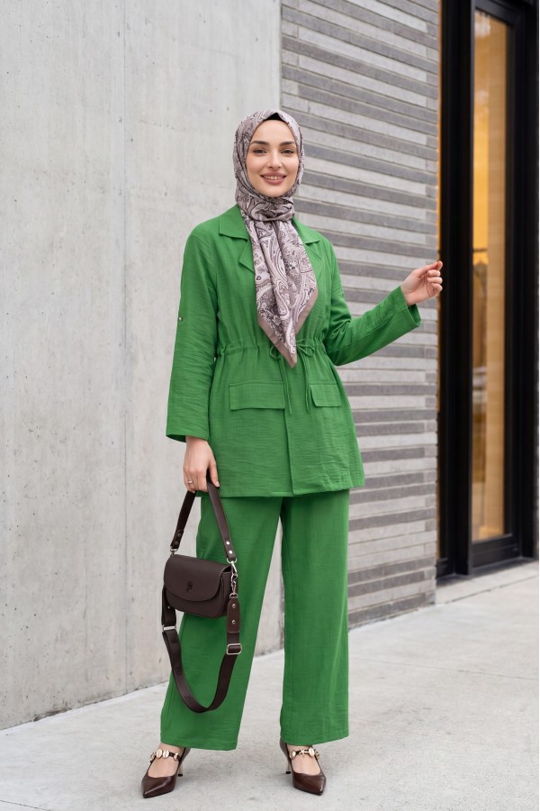 Covered Tunnel Bridge Jacket Linen Set   -Green