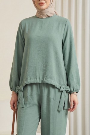 Front Gathered Shalwar Trousers Ayrobin Casual Suit  -Cagla Green