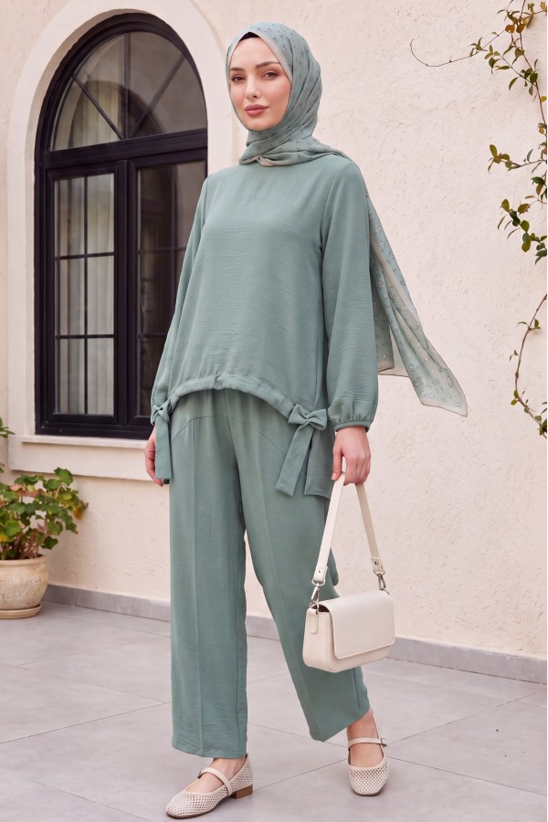 Front Gathered Shalwar Trousers Ayrobin Casual Suit  -Cagla Green
