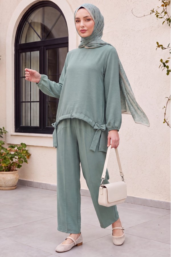 Front Gathered Shalwar Trousers Ayrobin Casual Suit  -Cagla Green