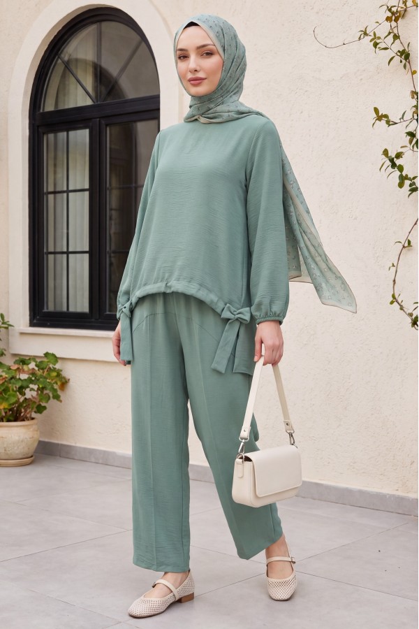 Front Gathered Shalwar Trousers Ayrobin Casual Suit  -Cagla Green