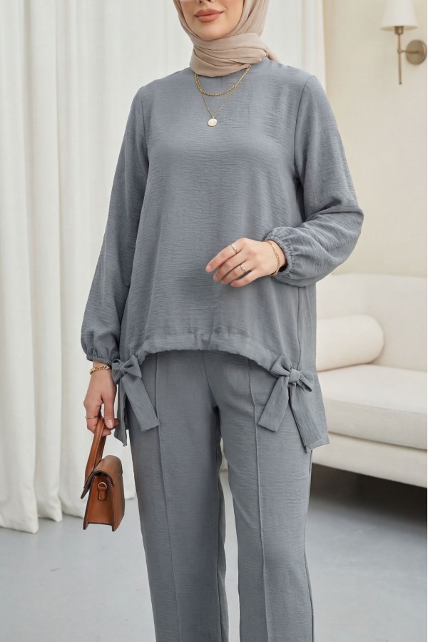 Front Gathered Shalwar Trousers Ayrobin Casual Suit  -Grey
