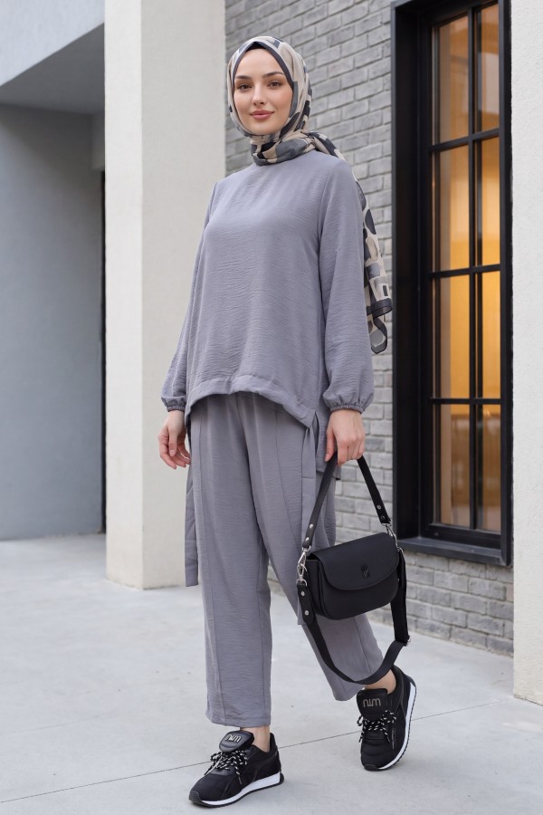 Front Gathered Shalwar Trousers Ayrobin Casual Suit  -Grey