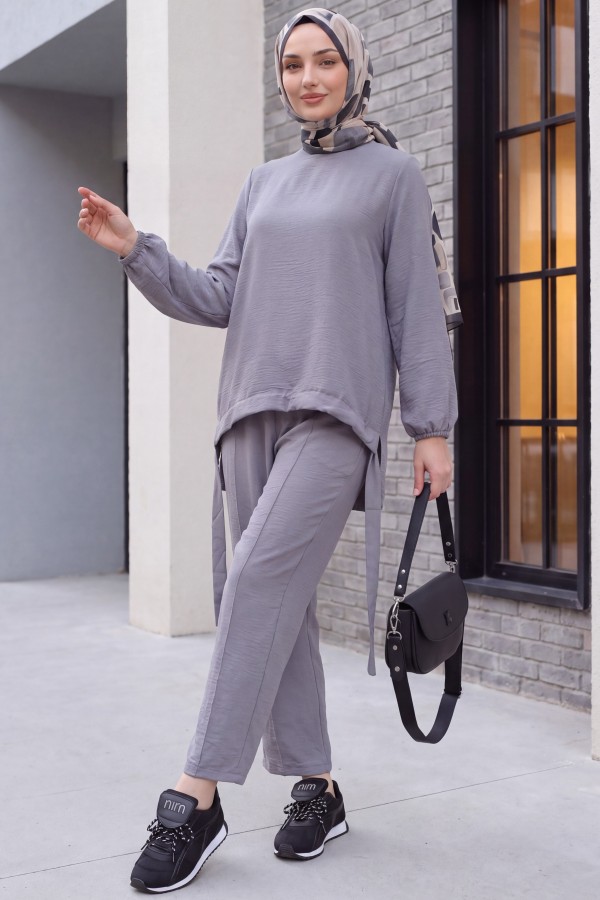 Front Gathered Shalwar Trousers Ayrobin Casual Suit  -Grey