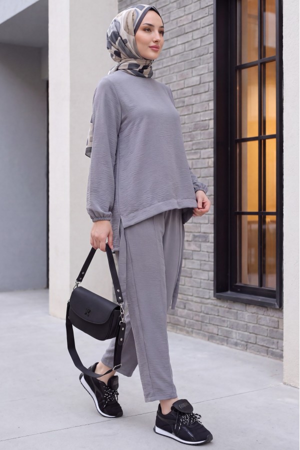 Front Gathered Shalwar Trousers Ayrobin Casual Suit  -Grey