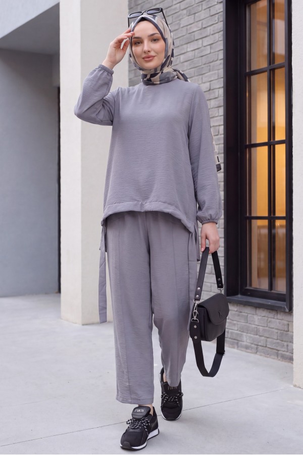 Front Gathered Shalwar Trousers Ayrobin Casual Suit  -Grey