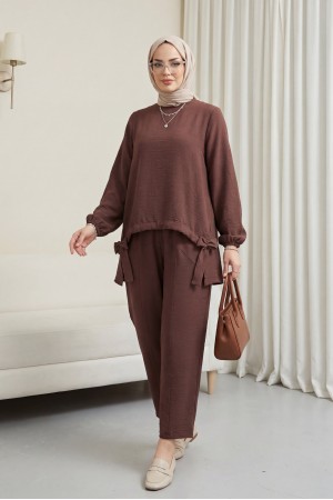 Front Gathered Shalwar Trousers Ayrobin Casual Suit  -Dark Coffee