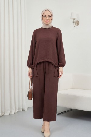 Front Gathered Shalwar Trousers Ayrobin Casual Suit  -Dark Coffee