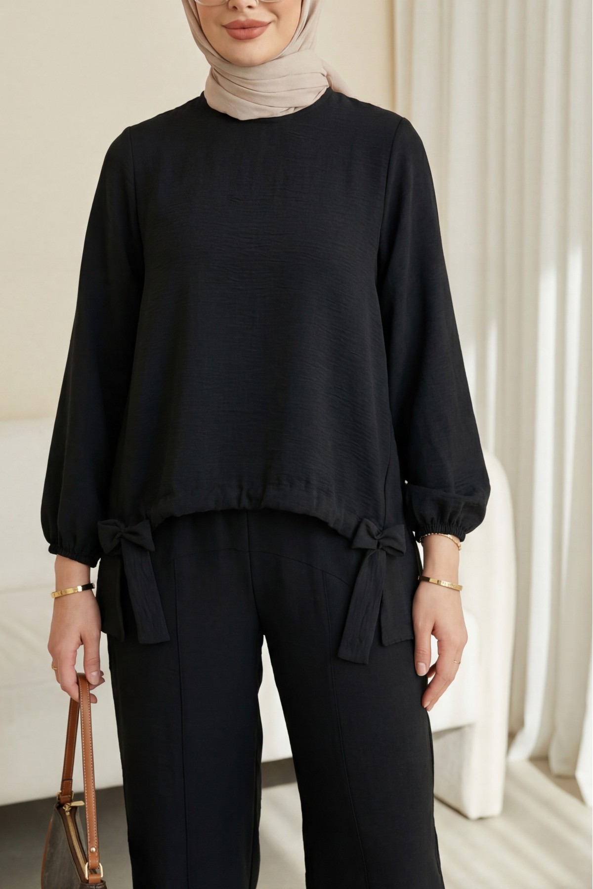 Front Gathered Shalwar Trousers Ayrobin Casual Suit  -Black