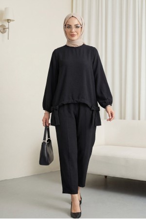 Önden Büzmeli Şalvar Pantolon Ayrobin Salaş Takım -Siyah
