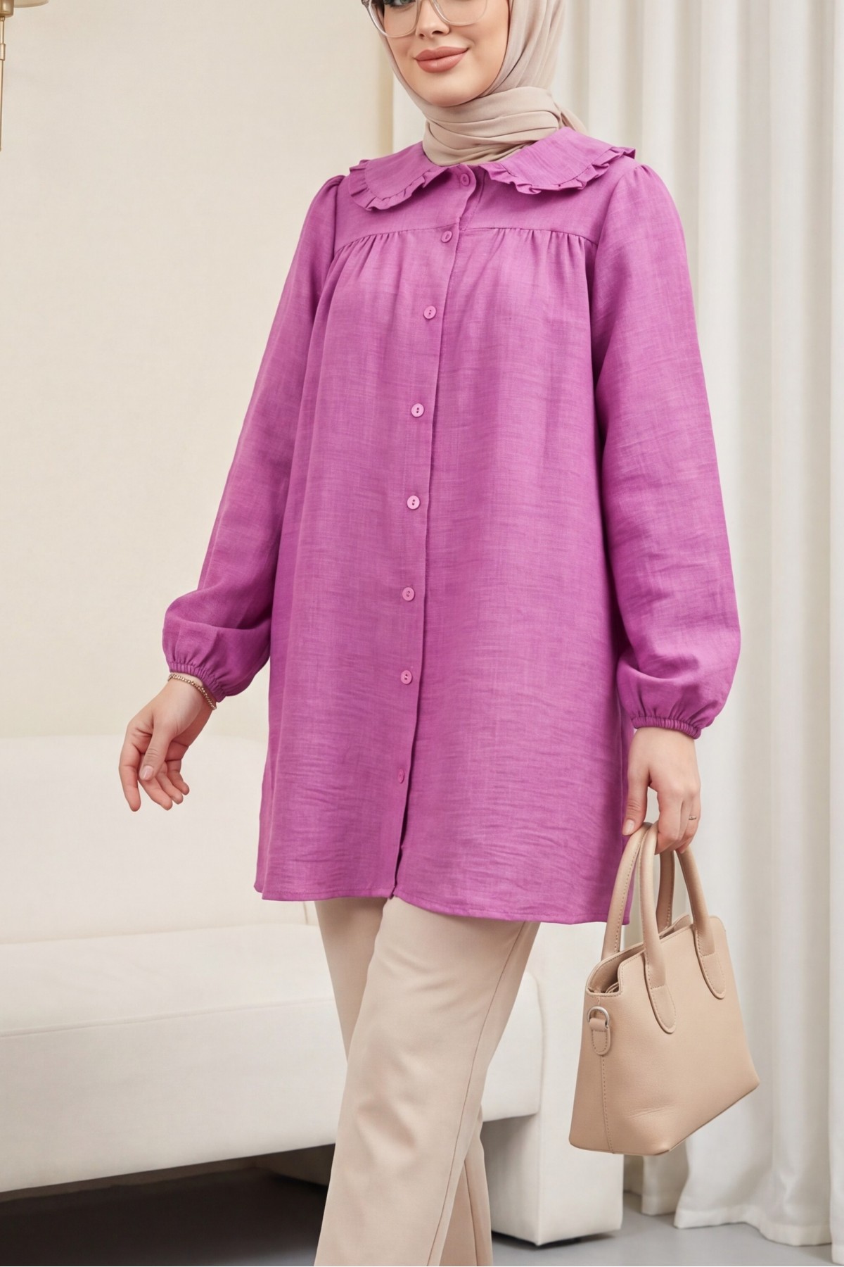 Baby Collar Button Down Tunic       -Pink