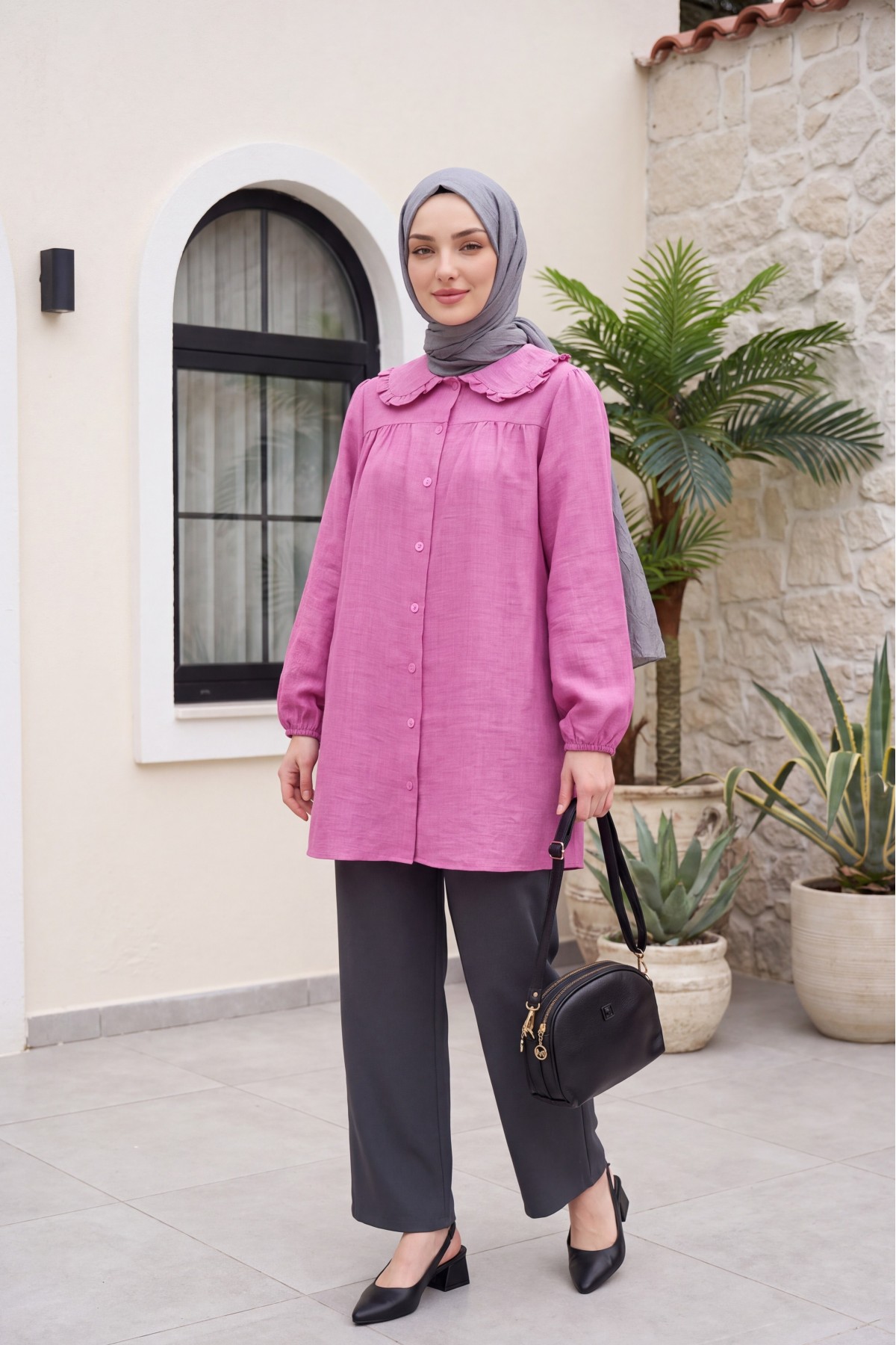 Bebe Yaka Boydan Düğmeli Tunik       -Pembe