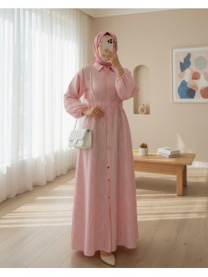 Striped Dress with Elastic Waist and Buttons -Powder