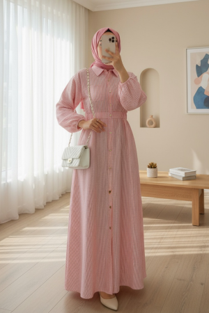 Beli Lastikli Boydan Düğmeli Çizgili Elbise -Pudra