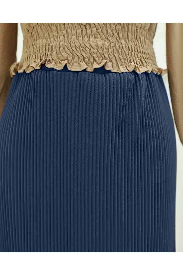 Pleated Pencil Skirt with Elastic Waist -İndigo