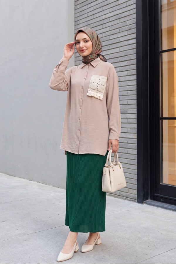 Pleated Pencil Skirt with Elastic Waist -Emerald