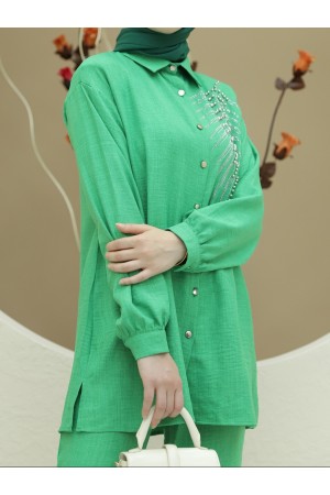 Boncuk İşlemeli Düğmeli İkili Keten Takım -Yeşil