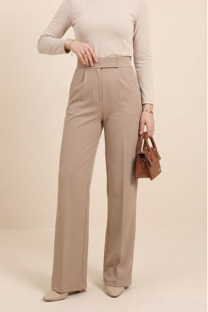 Beli Cırtlı Likralı Pantolon -Vizon