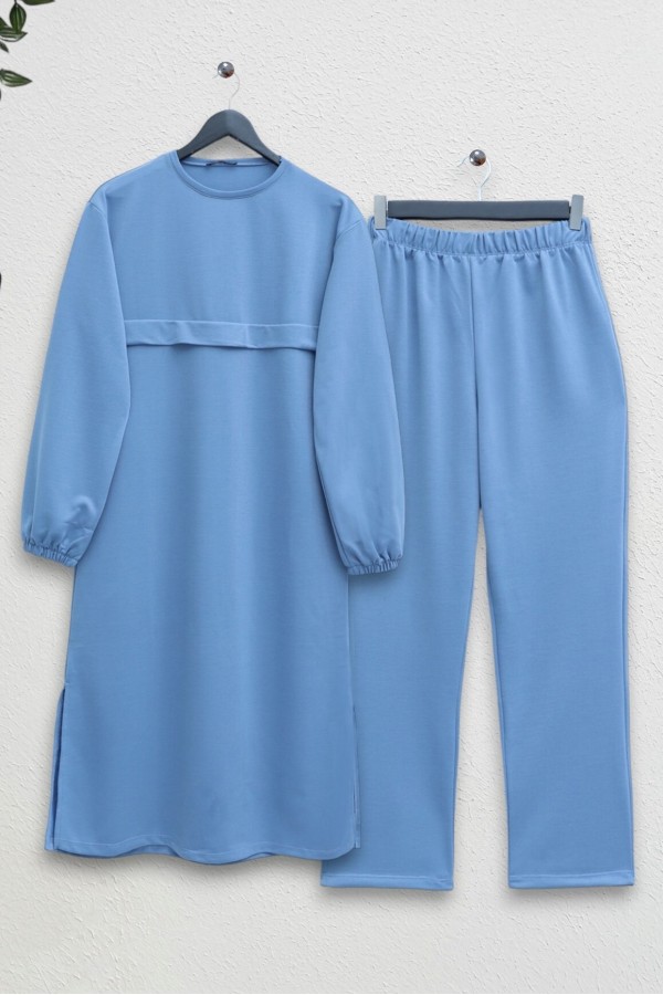 Round Neck Top Long Two Thread Combed Cotton Suit -Baby Blue