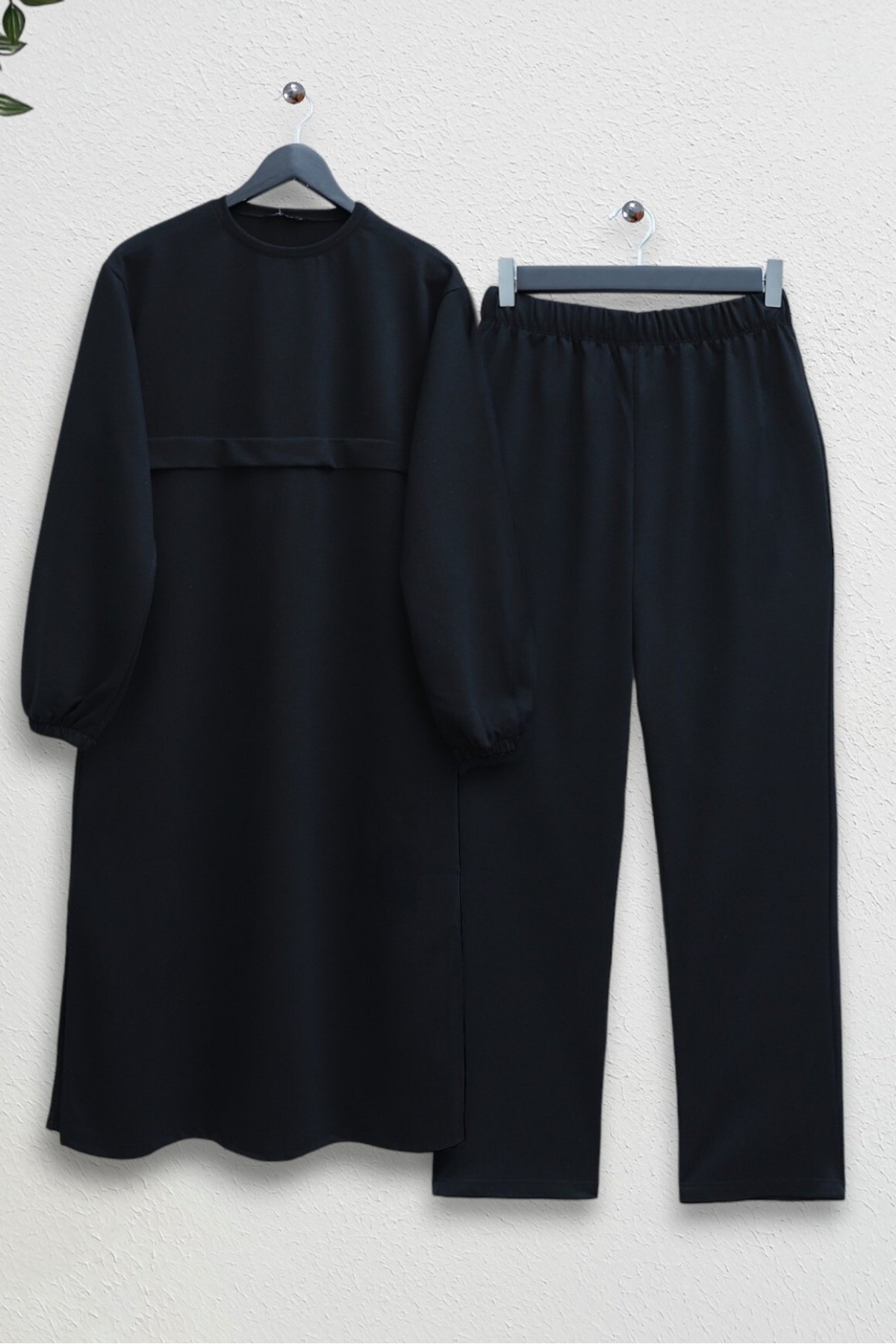Round Neck Top Long Two Thread Combed Cotton Suit -Black