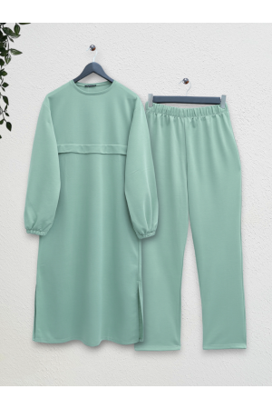 Round Neck Top Long Two Thread Combed Cotton Suit -Sea green