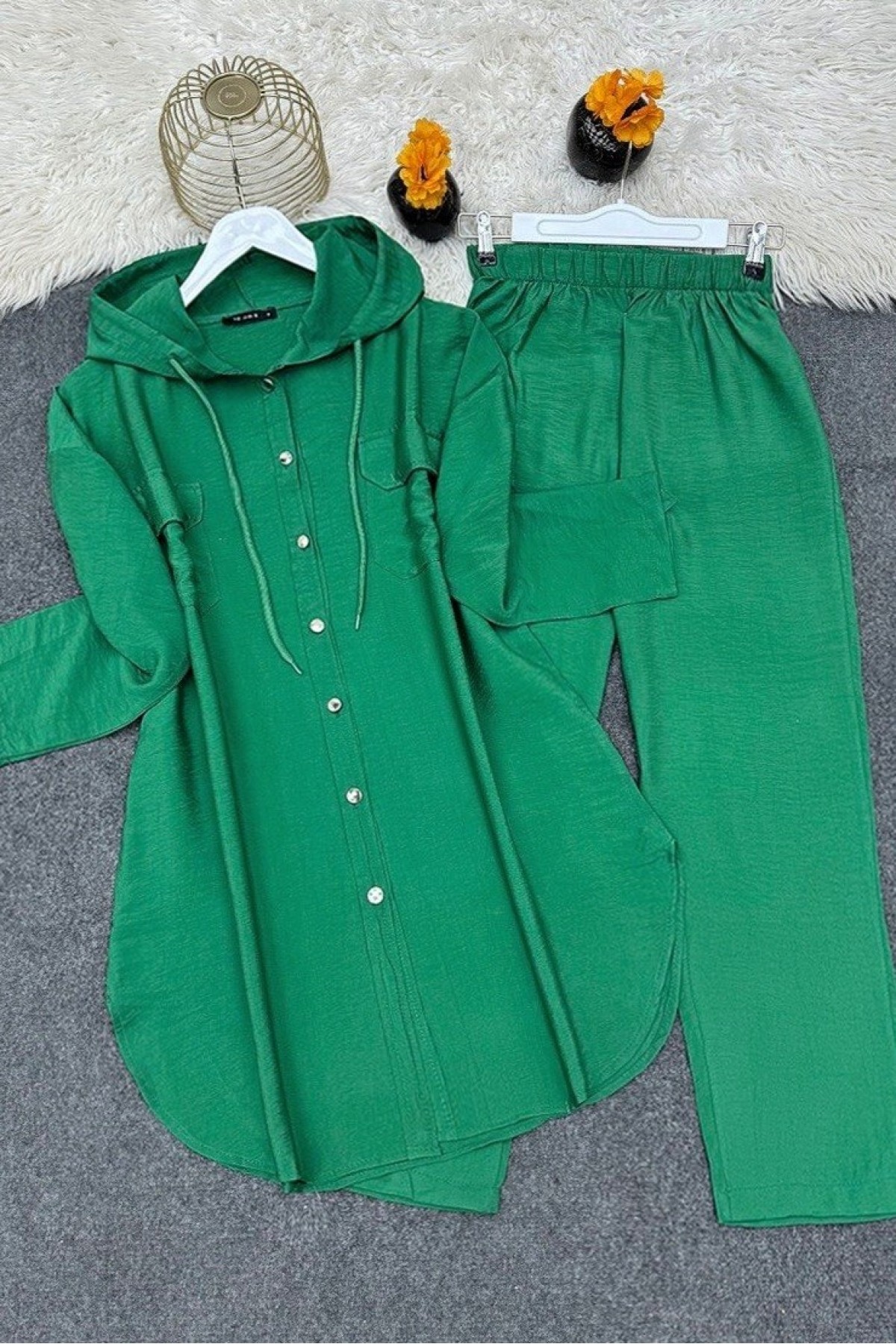 Metal Buttoned Hooded Trousers Two Piece Suit  -Green