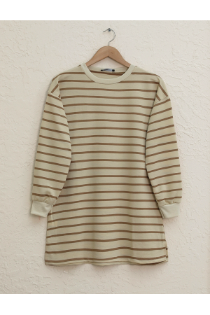 Çizgili Kolları Ribanalı Eteği Açık Wortex Sweat -Vizon