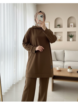 Kapşonlu Yırtmaçlı Çimalı Takım  -Kahve