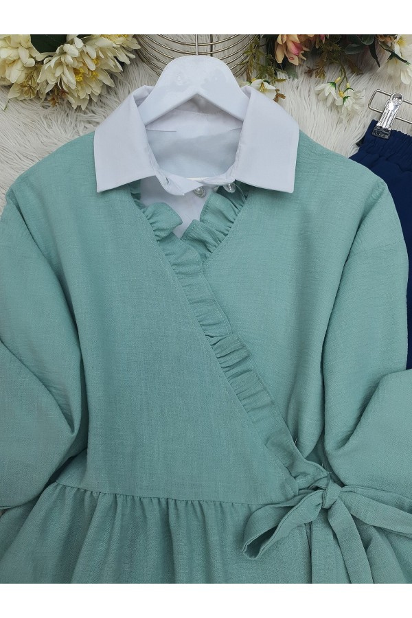 Linen Kimono with Side Double Laced Ruffle Collar -Mint Color
