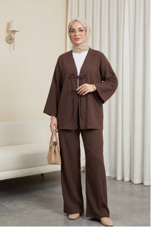 Önü Çift Bağcıklı Pantolonlu Krınkıl Takım -Kahve